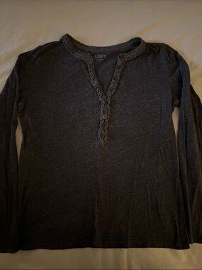 LOFT Charcoal Ruffle-Trim Henley Long Sleeve Top